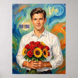 Young Man with Bouquet Retro Style Personalized Poster