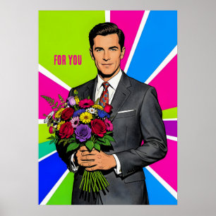 Young Man with Bouquet Retro Style Personalized Poster