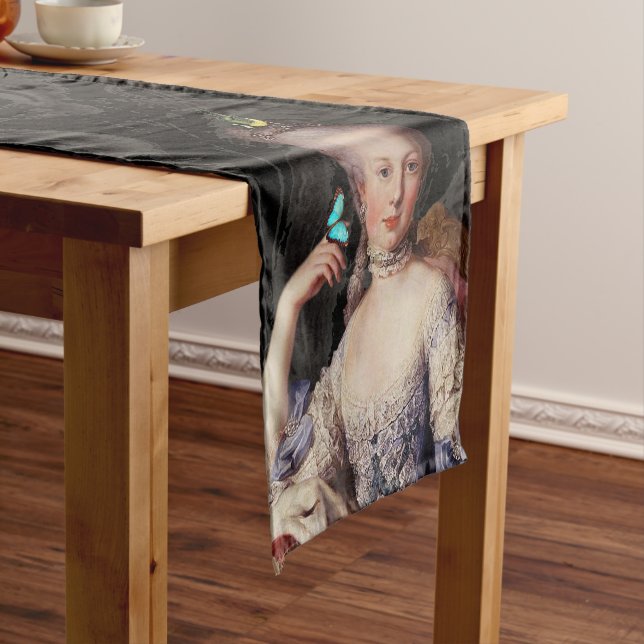 Young Marie Antoinette blue butterfly on Black  Short Table Runner (In Situ)