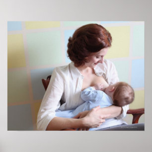 young mother breast feeding her baby boy poster