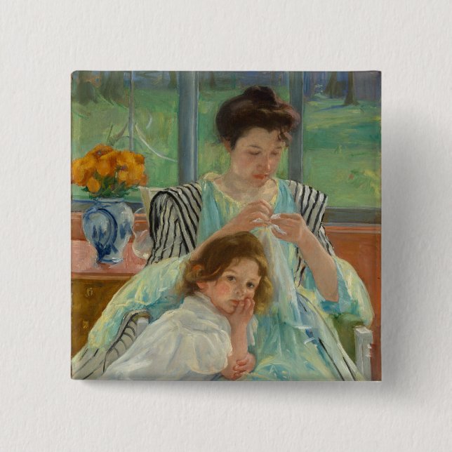 Young Mother Sewing 15 Cm Square Badge (Front)