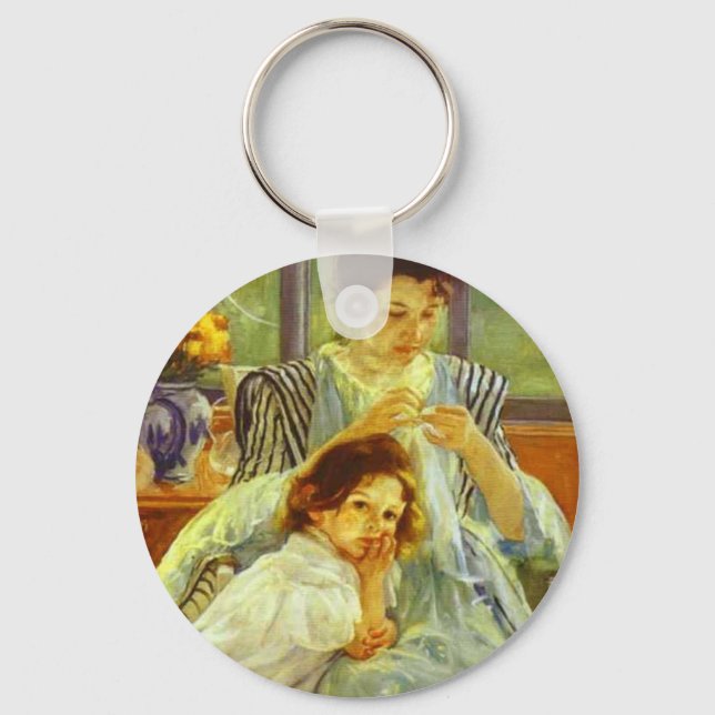 Young Mother Sewing Key Ring (Front)