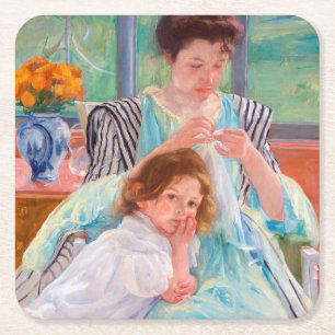 Young Mother Sewing, Mary Cassatt Square Paper Coaster
