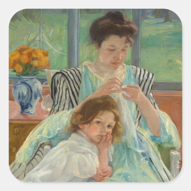 Young Mother Sewing Square Sticker (Front)