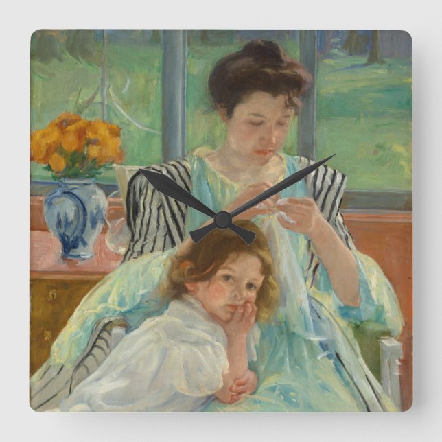 Young Mother Sewing Square Wall Clock (Front)