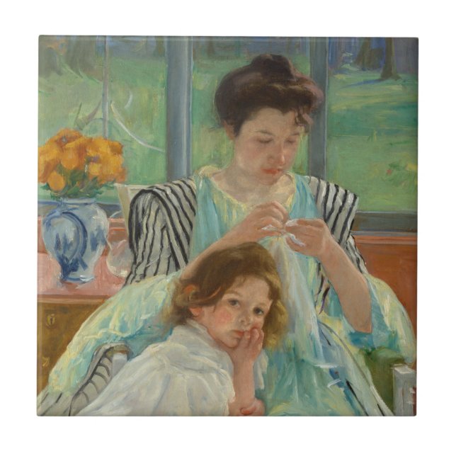 Young Mother Sewing Tile (Front)