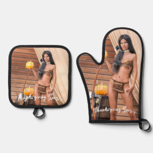 Young Native American Posing on Wood Wall Oven Mitt & Pot Holder Set