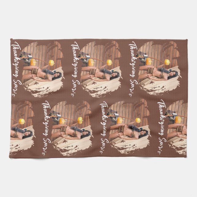 Young Native American Posing on Wood Wall Tea Towel (Horizontal)