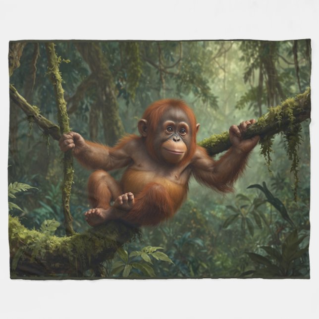 Young Orangutan in a Rain Forest Fleece Blanket (Front (Horizontal))