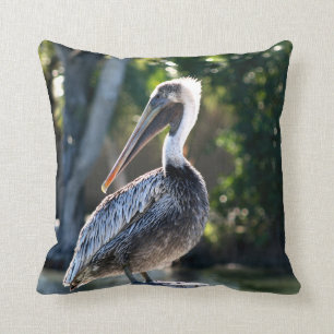 young pelican on stump wild bird photograph cushion