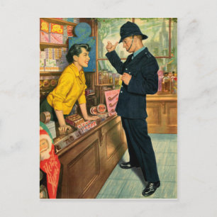 Young policeman is flirting with shopgirl postcard