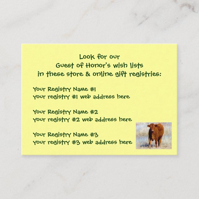Young Red Cow Shower Gift Registry Western Enclosure Card (Front)