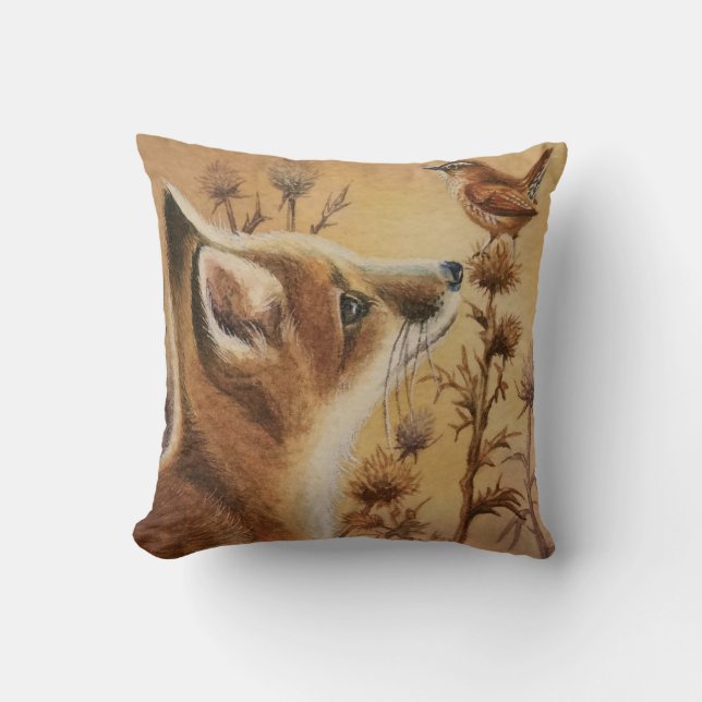 Young Red Fox & Carolina Wren Bird Watercolor Art Cushion (Front)