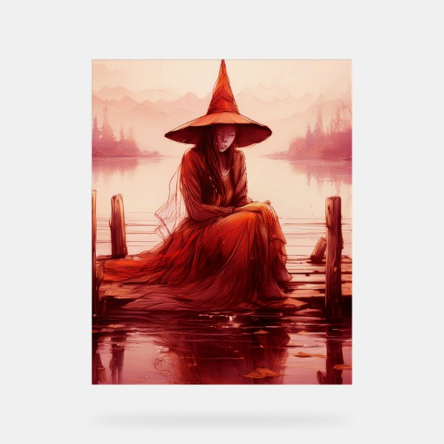 Young Red Witch Sits On Broken Pier Acrylic Sign (Front)