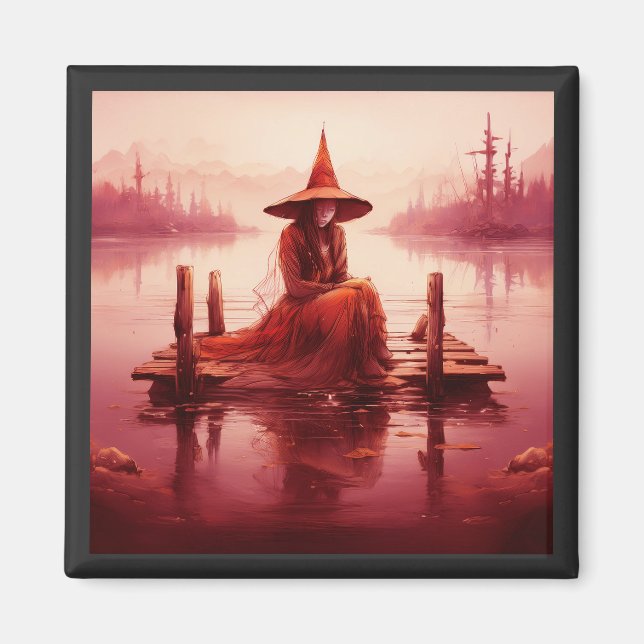 Young Red Witch Sits On Broken Pier Magnet (Front)