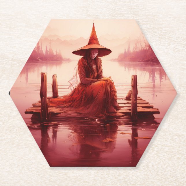 Young Red Witch Sits On Broken Pier Paper Coaster (Front)