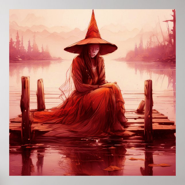 Young Red Witch Sits On Broken Pier Poster (Front)