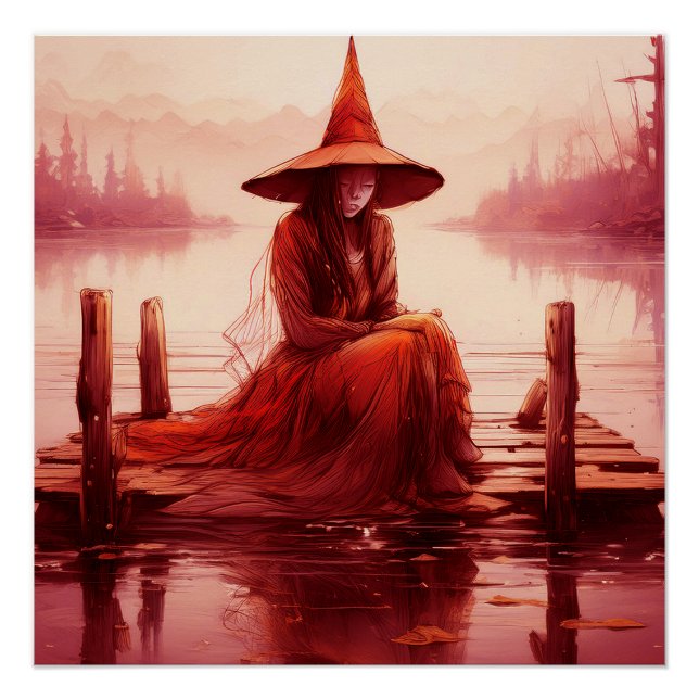 Young Red Witch Sits On Broken Pier Poster (Front)