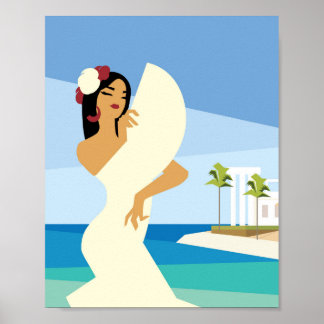 Young Spanish Lady posing with fan in ocean coast Poster