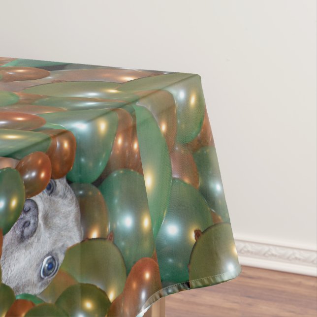 Young Staffy Hiding In Balloons, Tablecloth (In Situ)