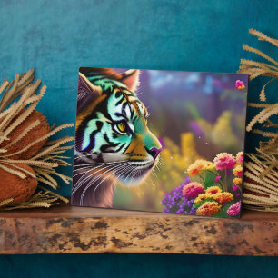 Young Tiger and Colourful Flowers  Plaque