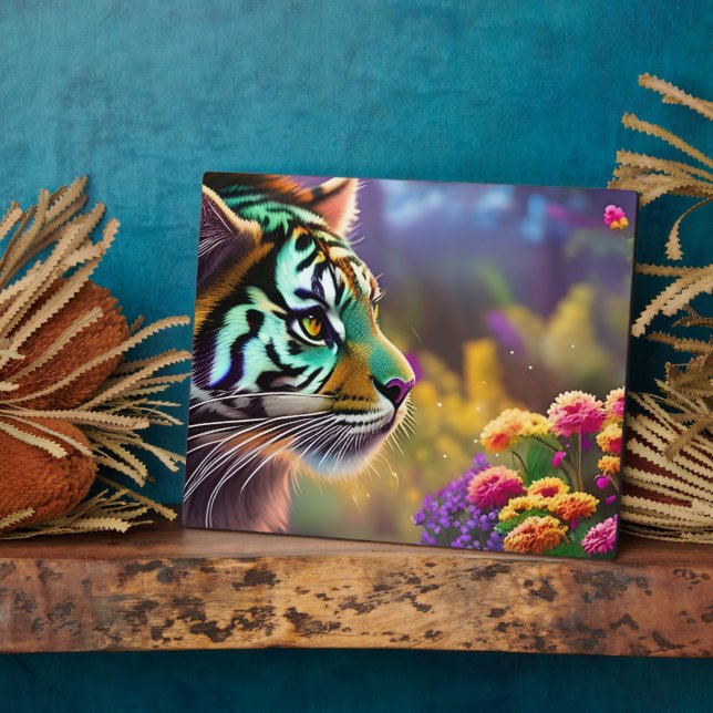 Young Tiger and Colourful Flowers  Plaque (Side)