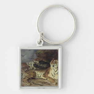 Young tiger playing with his mother, 1830 (oil on key ring