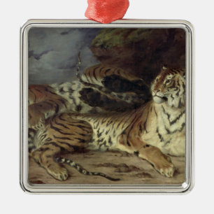 Young tiger playing with his mother, 1830 (oil on metal tree decoration