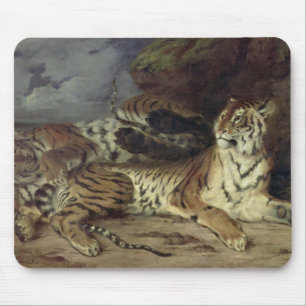Young tiger playing with his mother, 1830 (oil on mouse mat
