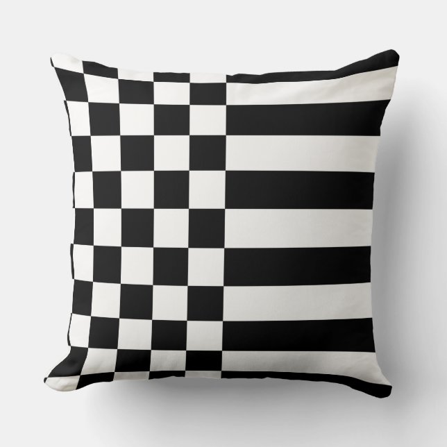 Young White Geometric Stripes & Chequered Black Cushion (Front)