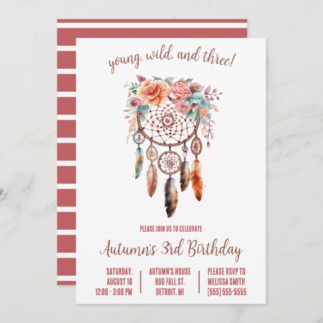 Young, Wild, & 3! Boho Dreamcatcher Birthday Party Invitation (Front/Back)