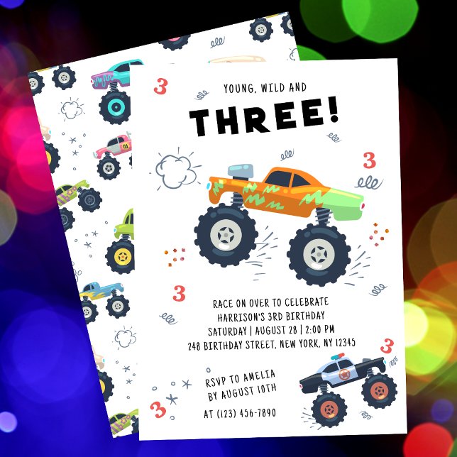 Young Wild 3rd Birthday Kids Monster Car Trucks Invitation (Creator Uploaded)