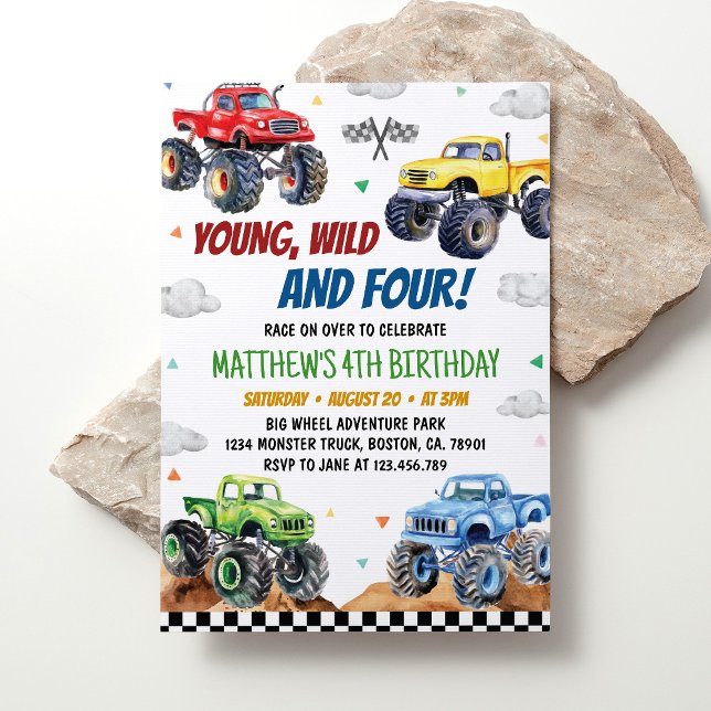 Young Wild 4th Monster Truck Kids Birthday Party Invitation (Creator Uploaded)