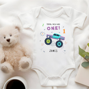 Young Wild And One 1st Birthday Kids Monster Car Baby Bodysuit