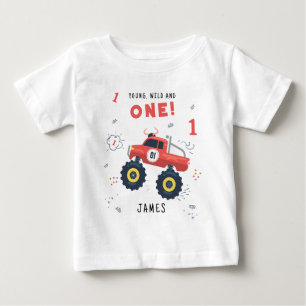Young Wild And One 1st Birthday Kids Monster Car Baby T-Shirt