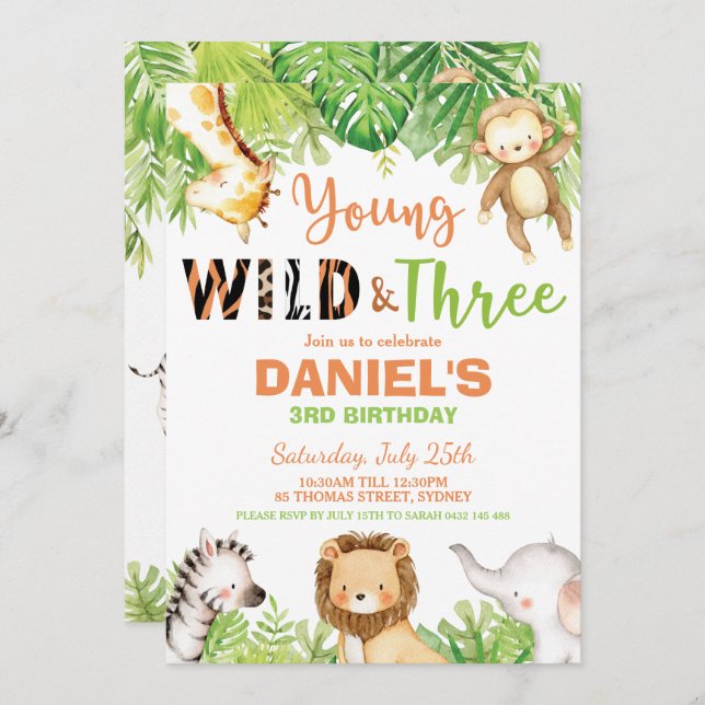 Young Wild and Three 3rd Birthday Jungle Animals Invitation (Front/Back)