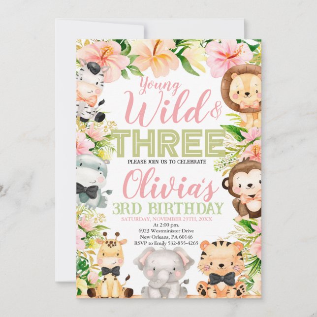Young Wild and Three, 3rd Birthday Jungle Animals Invitation (Front)