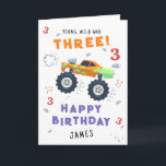 Young Wild And Three 3rd Birthday Kids Monster Car Card<br><div class="desc">Young Wild And Three 3rd Birthday Kids Monster Car Trucks Birthday Card Greeting Card features a cute and colourful monster car trucks with the text "Young, wild and three" in modern typography script accented with the number 3 and doodles. Below "Happy Birthday" personalise with your name and add your custom...</div>