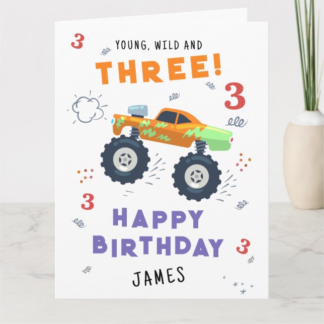 Young Wild And Three 3rd Birthday Kids Monster Car Card (Front)