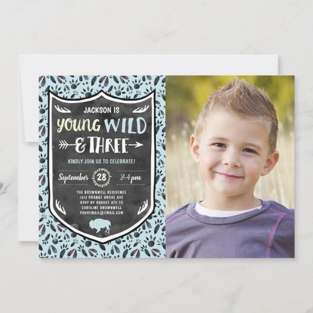 Young Wild and Three 3rd Birthday Party Photo Invitation (Front)