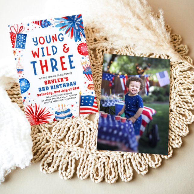 Young Wild and Three 4th July 3rd Birthday Party Invitation (Watercolor Patriotic Fireworks Young Wild and Three 4th July 3rd Birthday Party Invitation)