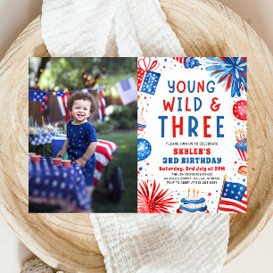 Young Wild and Three 4th July 3rd Birthday Party Invitation