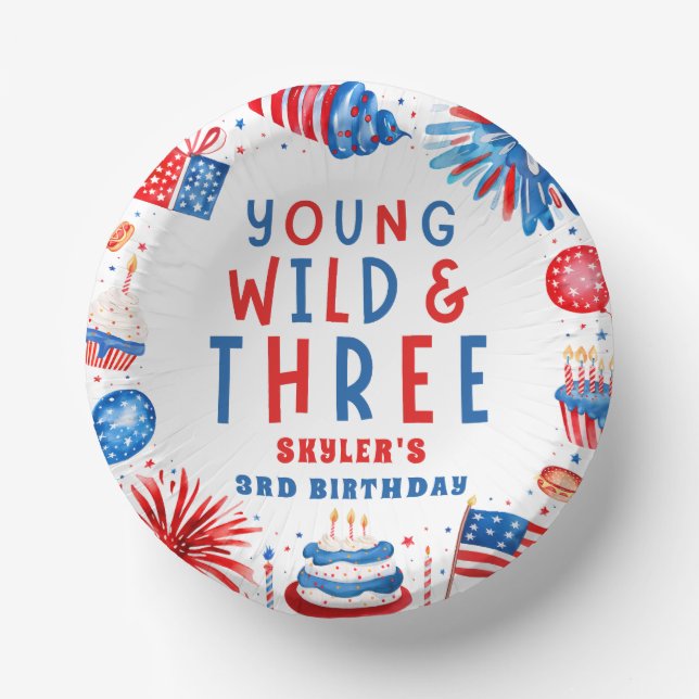 Young Wild and Three 4th of July 3rd Birthday Paper Plate (Front)