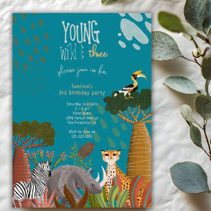 Young Wild And Three Animals Safari 3rd Birthday Invitation