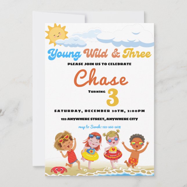 Young Wild And Three Beach Birthday Party Invitation (Front)