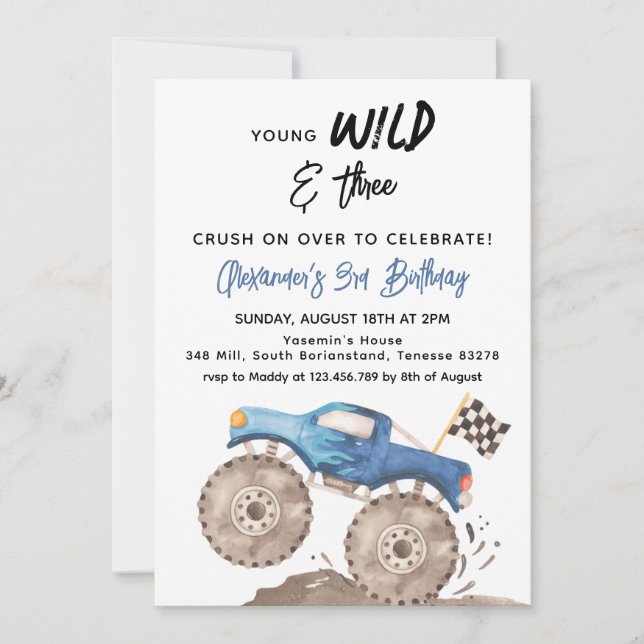 Young Wild and Three Birthday Blue Monster Truck Invitation (Front)