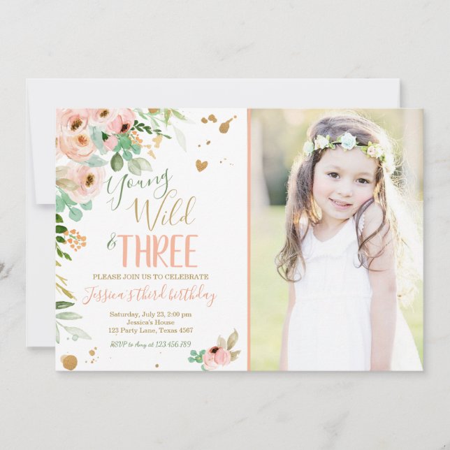 Young Wild and Three Birthday Floral Pink Gold Invitation (Front)