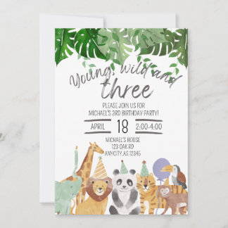 Young, Wild and Three birthday invitation 