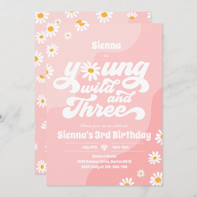 Young Wild And Three Birthday Party Boho Daisy Invitation (Front/Back)