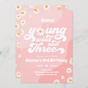 Young Wild And Three Birthday Party Boho Daisy Invitation